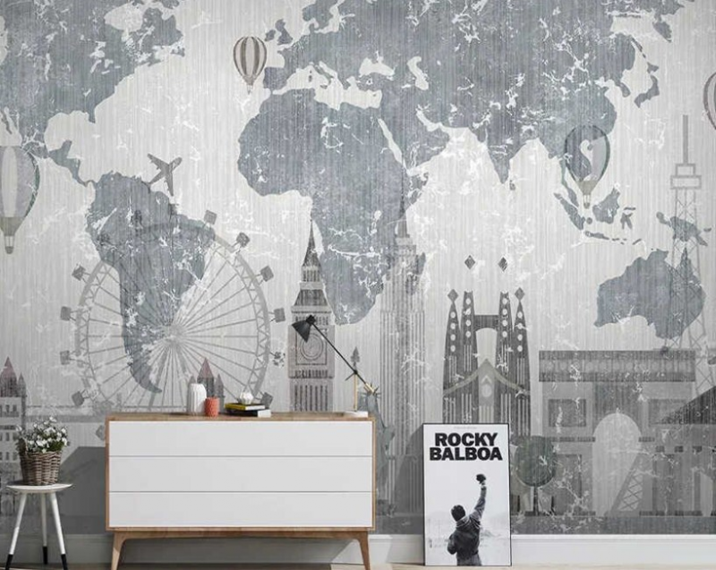 Wallapaper Gambar Peta Dunia di Ruang Tamu