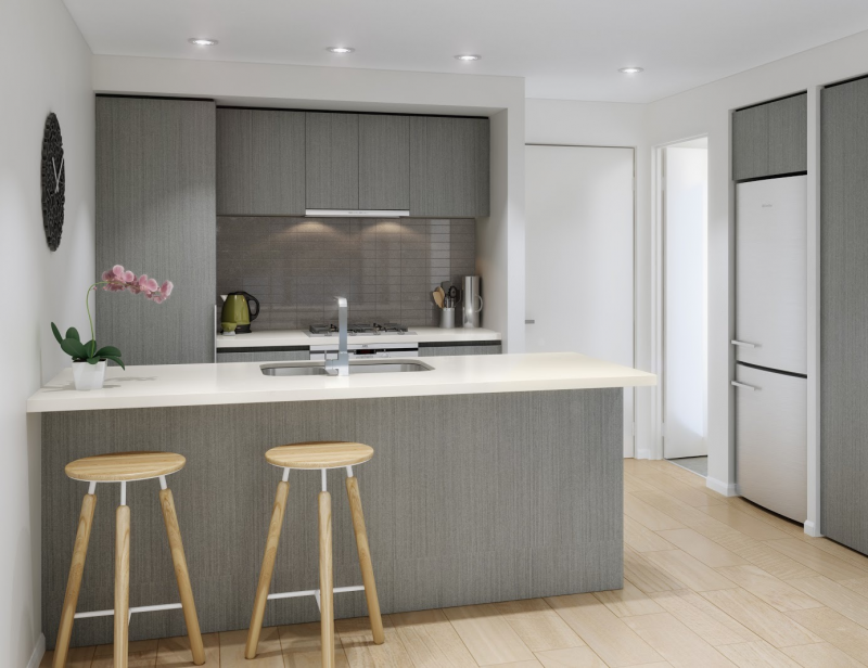 Warna netral memang sering kali dipilih untuk diaplikasikan ke dapur, seperti warna putih dan abu-abu di bawah ini. Agar tidak membosankan, anda bisa menambahkan kursi kayu dan hiasan bunga
