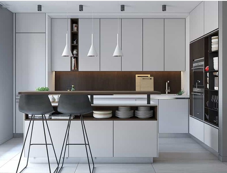 Desain Dapur dengan Rak terintegrasi di bawah meja