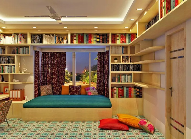 Interior Tempat tidur di kelilingi lemari