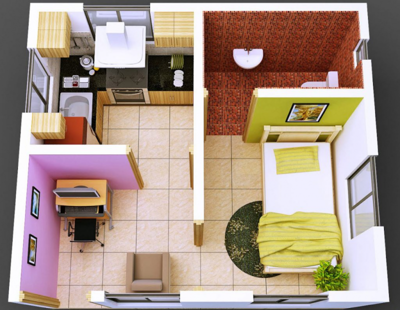 Desain Rumah 1 Kamar dengan menggunakan kamar mandi dalam