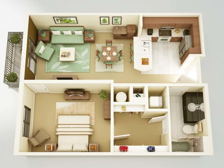 Desain Rumah 1 Kamar Dengan Ruang makan dan ruang tamu terlihat lega di lahan yang cukup luas