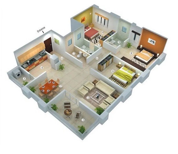 Denah Desain Rumah 1 Lantai 3 Kamar Tidur