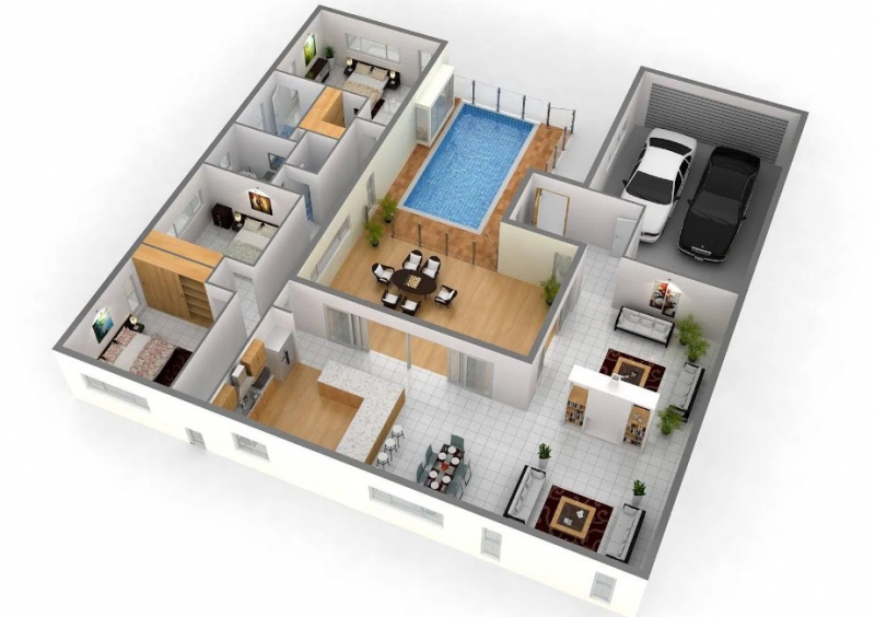 Denah Desain Rumah 1 Lantai Dengan Kolam Renang