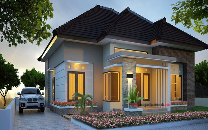Desain Rumah 1 Lantai dengan taman kecil yang berada disekeliling ruangan