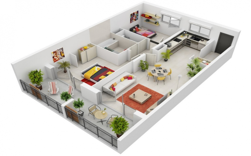 Desain Rumah 2 Kamar dengan dapur terbuka