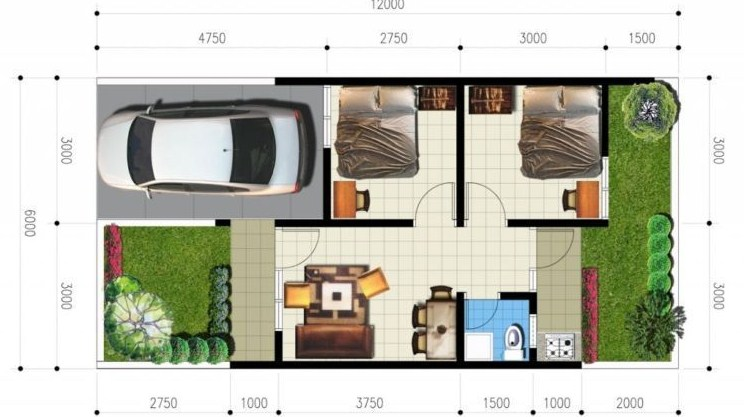 Desain Rumah 2 Kamar Dengan Taman Depan dan Belakang Rumah