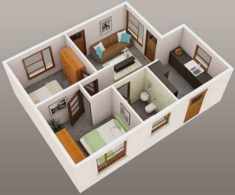 Desain Rumah 2 Kamar dengan ukuran kamar tidur sama