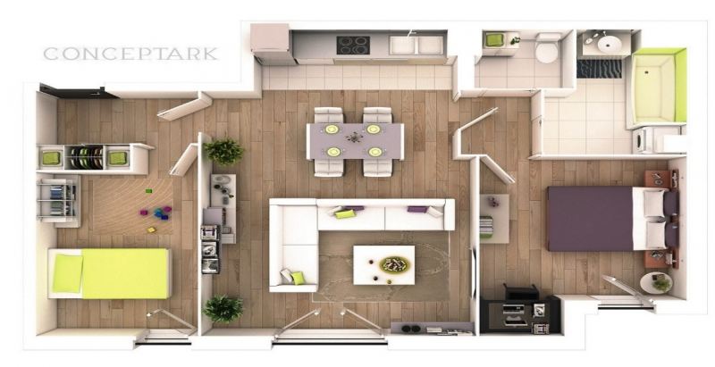 Desain Rumah 2 Kamar Penggunaan lantai kayu