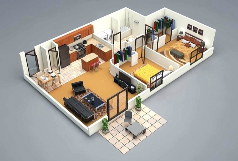 Desain Rumah 2 Kamar Terbuka antara dapur dan ruang tamu