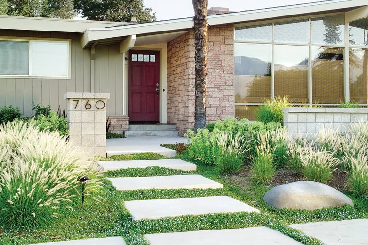 Desain Rumah 10 x 12 dengan Taman depan rumah dengan jalan setapak