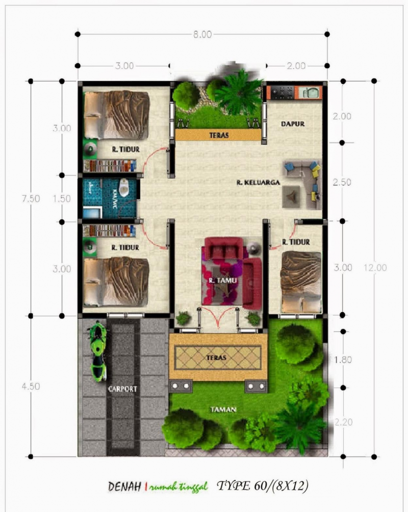 Desain Rumah 6 x 10 dengan carport
