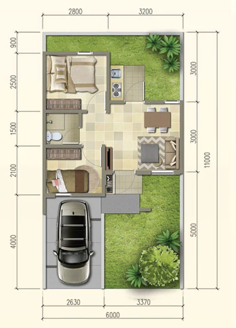 Desain Rumah 6 x 10 dengan dapur diluar