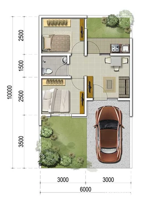 Desain Rumah 6 x 10 dengan halaman yang luas