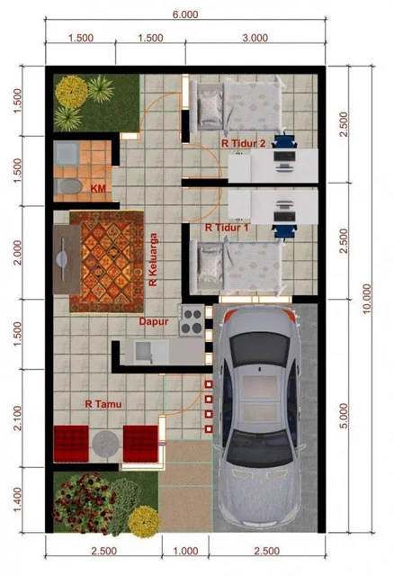 Desain Rumah 6 x 10 dengan ruang tamu terpisah