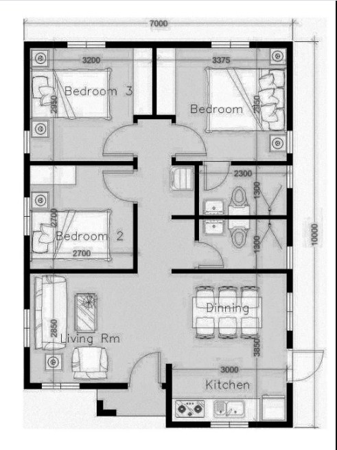 Denah Desain Rumah 7 x 10 3 Kamar