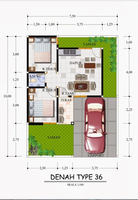 Desain Rumah 7 x 10 Type 36