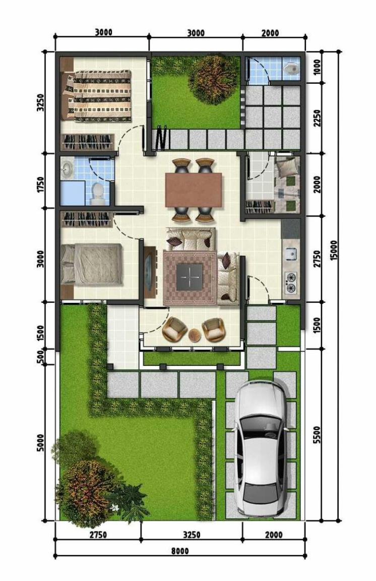 Desain Rumah 7 x 12 taman depan luas