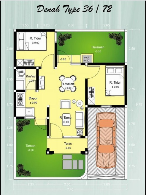 Desain Rumah 7 x 12 Type 36