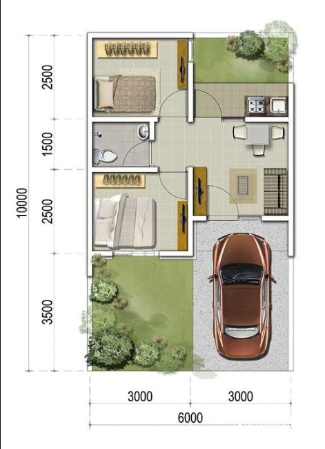 Desain Rumah 6x10 2 Kamar Tidur - Desain id