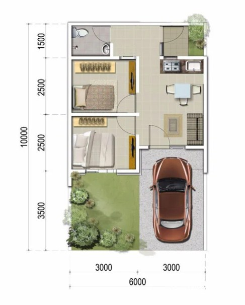 Desain rumah 6x10 dengan halaman depan luas