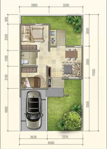 Desain rumah 6x10 dengan Ruang dapur yang terpisah atau berada di luar