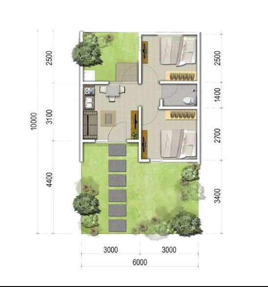 Desain rumah 6x10 dengan Ruang serba guna