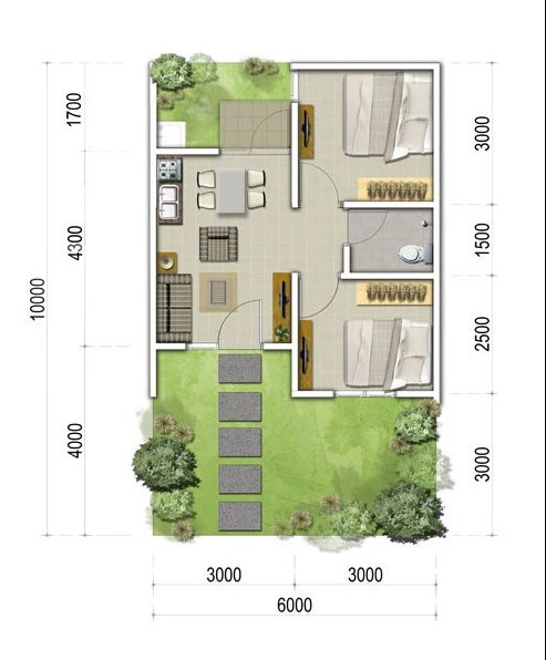 Desain rumah 6x10 dengan Ruangan multi fungsi yang luas
