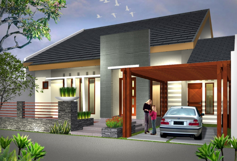 Rumah 1 lantai dengan atap miring ke depan