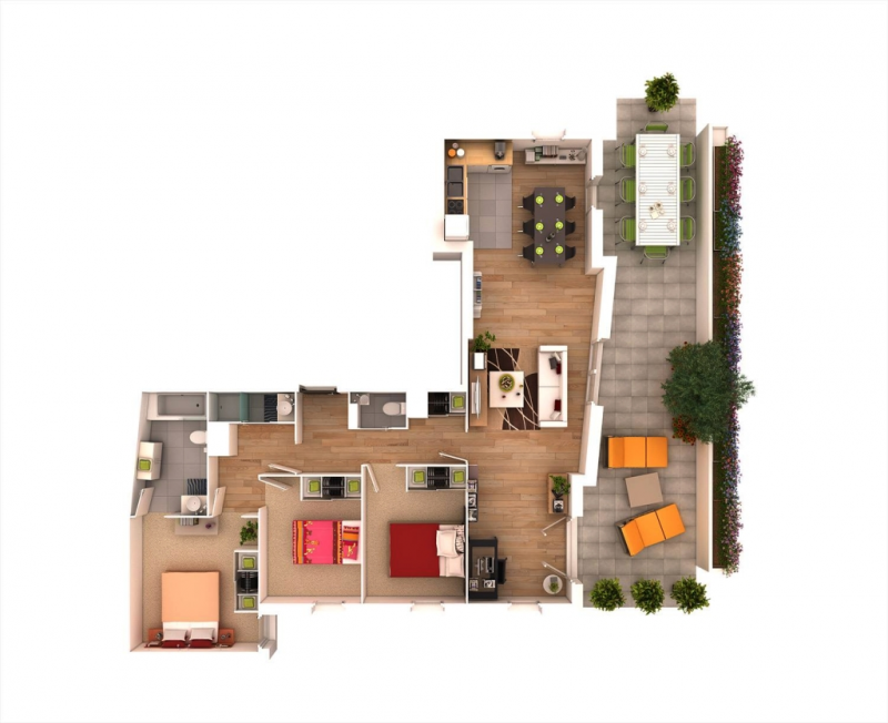 Desaian Rumah Kamar 3 Bentuk L