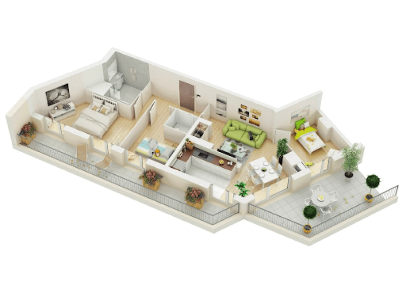 Desain 3 kamar memanjang