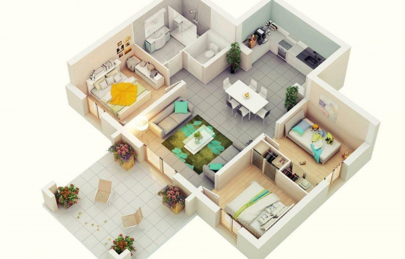 Desain rumah Kamar 3 dengan 1 kamar mandi
