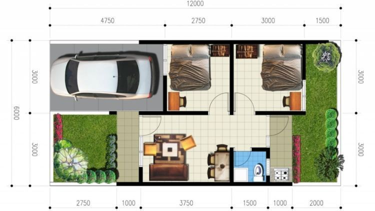 Desain Rumah 2 Kamar dengan penambahan carport