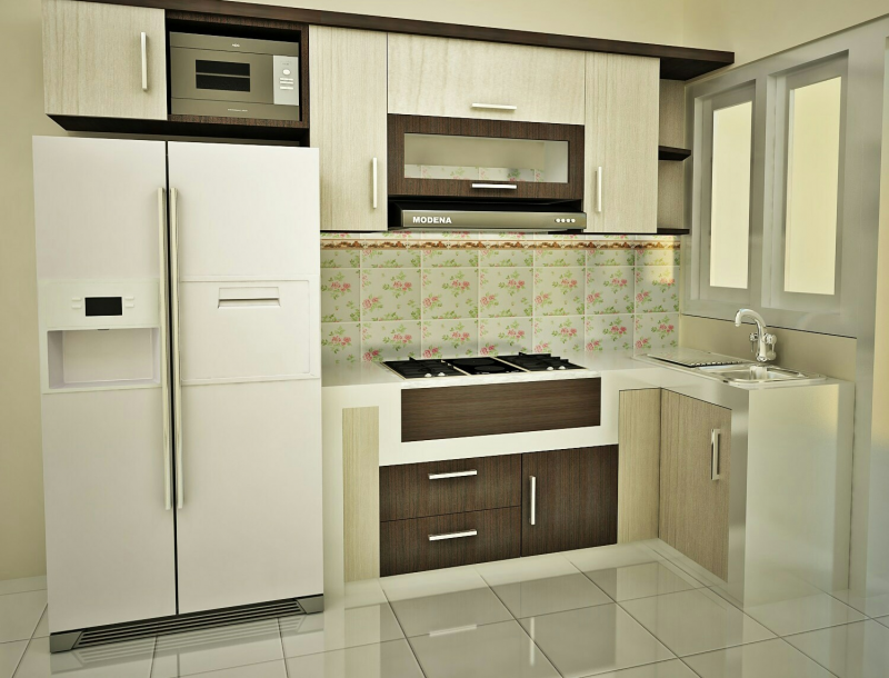 Untuk dapur mungil di rumah anda, anda bisa mengaplikasikan kitchen set minimalis dengan warna yang senada dengan dapur. Namun bisa menambahkan sedikit aksen warna berbeda pada lemarinya untuk membuat dapur jadi lebih menarik.