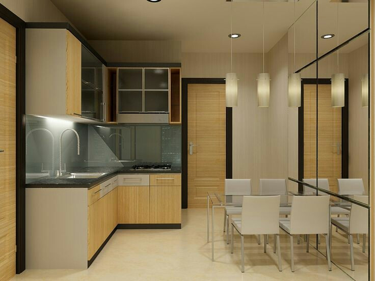 Kitchen set minimalis dengan letter L bisa dipilih untuk anda yang mempunyai lahan lebih besar. Warna aksen kayu ini juga sesuai apalagi jika anda suka dengan nuansa hangat dan netral. Ditambah rak dengan kaca pada bagian atas untuk meningkatkan keindahan dapur anda