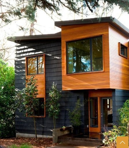 Desain Rumah Kombinasi warna abu dan kayu