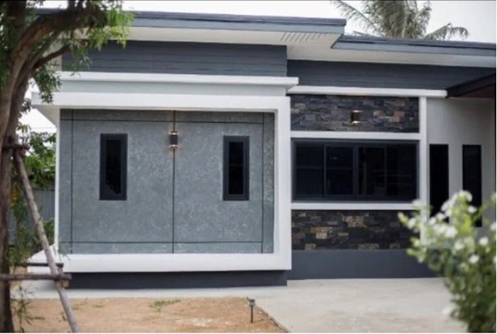 Desain Rumah Leter L 2 Kamar Dinding Batu Alam