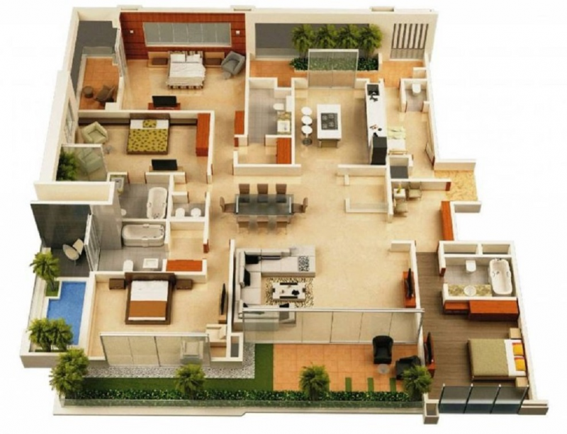 Desain Rumah Mewah 1 Lantai 4 Kamar Tidur Contoh