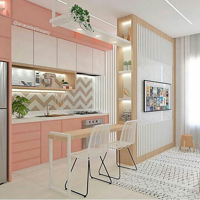 Untuk anda yang ingin membuat dapur terlihat lebih cantik atau feminin, warna soft pink atau peach bisa dipilih. Dengan sedikit aksen putih pada bagian lemari dan corak zig zag pada wallpaper, anda akan mendapatkan dapur yang bisa menarik banyak perhatian