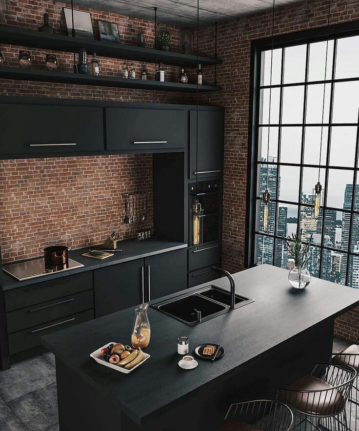 Model dapur industrial sekarang sudah mulai menjadi tren, khususnya dikalangan anak muda atau para lajang. Aksen unik dinding batu bata dengan kitchen set berwarna dominasi matte hitam menciptakan dapur yang simpel namun trendy
