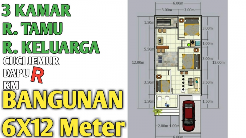 Desain Rumah Ukuran 6x12 Dengan 3 Kamar Model Kekinian