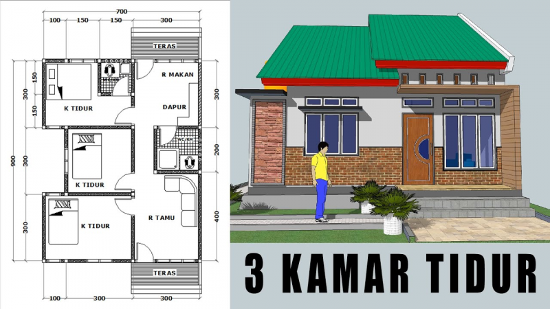 Desain Rumah Ukuran 6x9 3 Kamar Tidur Si