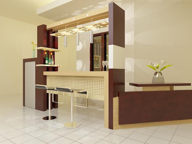 Desain unik dari meja minibar ini membuat suasana semakin menarik. Untuk hiasan, anda dapat memberikan lampu gantung yang simpel dan sebuah vas bunga cantik