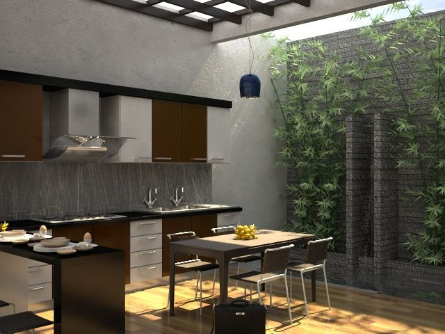 Kitchen set dapur terbuka dengan warna cokelat kayu dan abu-abu menyatu sempurna dengan ruangan terbuka di sekelilingnya. Jika ada area lebih, tambahkan meja dan kursi untuk tempat makan