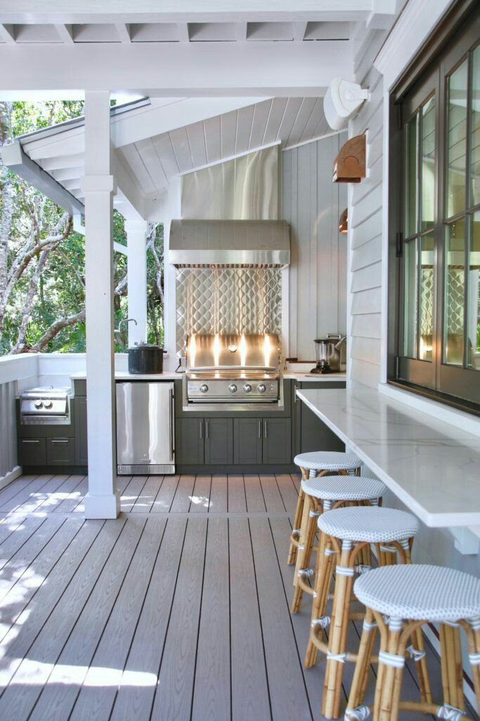 Simpel dan modern, dua kata yang menggambarkan dapur terbuka ini. Pemilihan warna putih terlihat sleek dan menyatu dengan warna abu-abu. Tambahkan pula meja di sisi dinding untuk difungsikan sebagai tempat makan