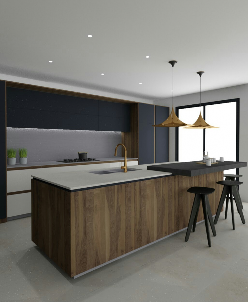 Kesan modern namun sederhana terlihat dari desain polos pada kitchen set berwarna netral dengan sentuhan emas yang menarik. Lalu untuk island dapur, anda bisa tambahkan aksen kayu dengan pemanis lampu gantung scones yang berwarna emas