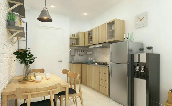 Bagi anda yang menggabungkan dapur dengan tempat makan, pilih material atau warna meja dan kursi makan yang selaras dengan kitchen set agar dapur bisa tetap terlihat cantik namun minimalis