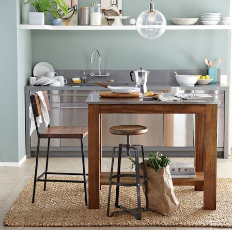 Meja dapur yang terbuat dari bahan stainless steel biasanya dibuat menurut pesanan dengan spesifikasi yang khusus. Material ini juga tidak mudah terkena bakteri dan jamur, namun harganya memang agak mahal