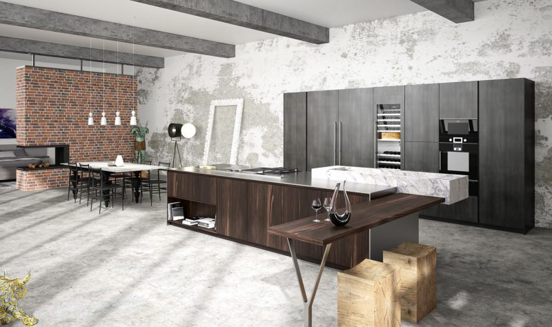 Kitchen set dengan material kayu untuk dapur industrialis