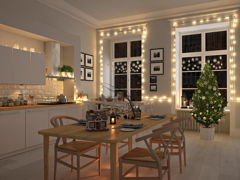 Untuk anda yang ingin nuansa berbeda di dapur, selain lampu gantung, anda dapat memberikan lampu hias untuk diaplikasikan ke bagian sekitar jendela dapur dan area kitchen set. Dijamin, dapur anda akan terlihat hangat dan indah saat malam hari